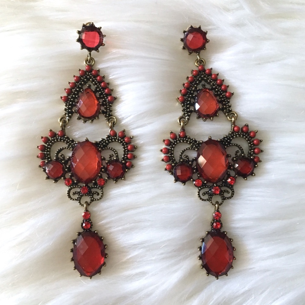 Chandelier Drop Gemstone Ornate Statement Earrings